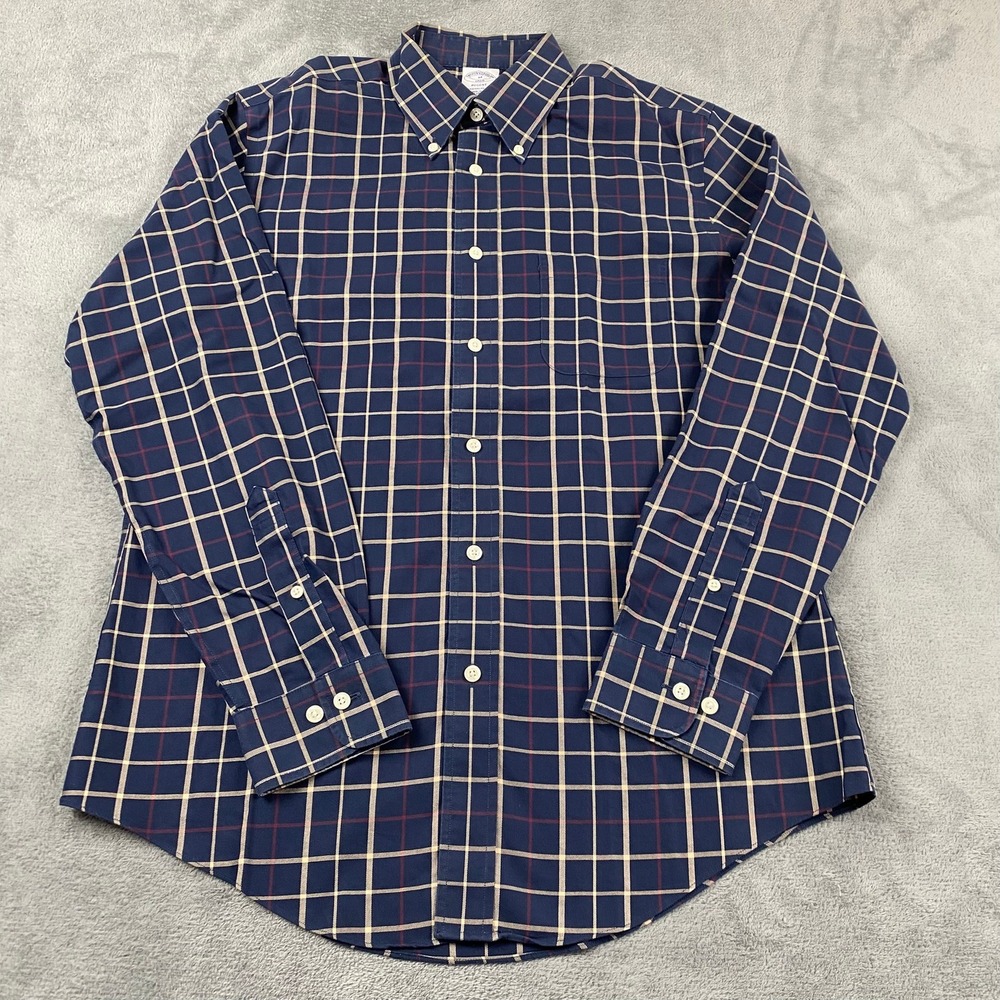 Brooks Brothers Mens M Regent Shirt Navy Blue Tattersall Non-Iron Cotton